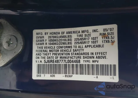 2007 Honda Cr-V Ex-L from USA, damaged, VIN 5J6RE48777L004468